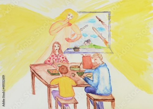Painting of an angel protecting family having dinner with missiles flying outdoors. Family stay at home. Noone is refugee by choice. No war concept