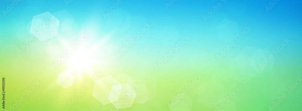 Fresh spring abstract background with glowing sun and hexagonal bokeh. Graphic element with blue and green colour gradients. Fresh spring abstract background with glowing sun and hexagonal bokeh. Graphic element with blue and green colour gradients.