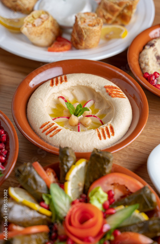 Multiple lebanese appetizers and salads togeather on the table. focused on hummus
