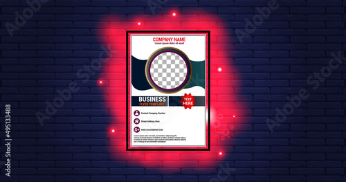 background bricks and company banners with red neon surrounding it