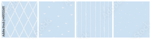 Soft blue low contrast background set. Seamless pattern collection for table linens, bedding textile, baby nursery wallpaper. Neutral hand drawn stripe, dot, diamond rhombus designs.