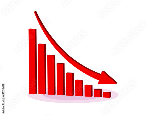 Red 3d arrow going down stock icon on white background. Bankruptcy, financial market crash icon for your web site design, logo, app, UI. graph chart downtrend symbol.chart going down sign.