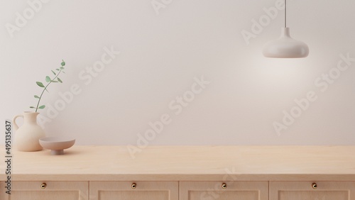 Minimal cozy counter mockup design for product presentation background. Branding in Japan style with bright wood counter and warm white wall with vase plant bowl lamp. Kitchen interior 3D render. photo