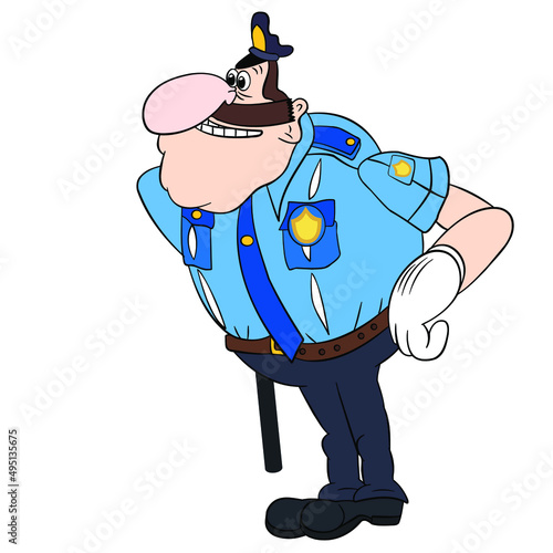 funny policeman peeking, cartoon, caricature on a white background