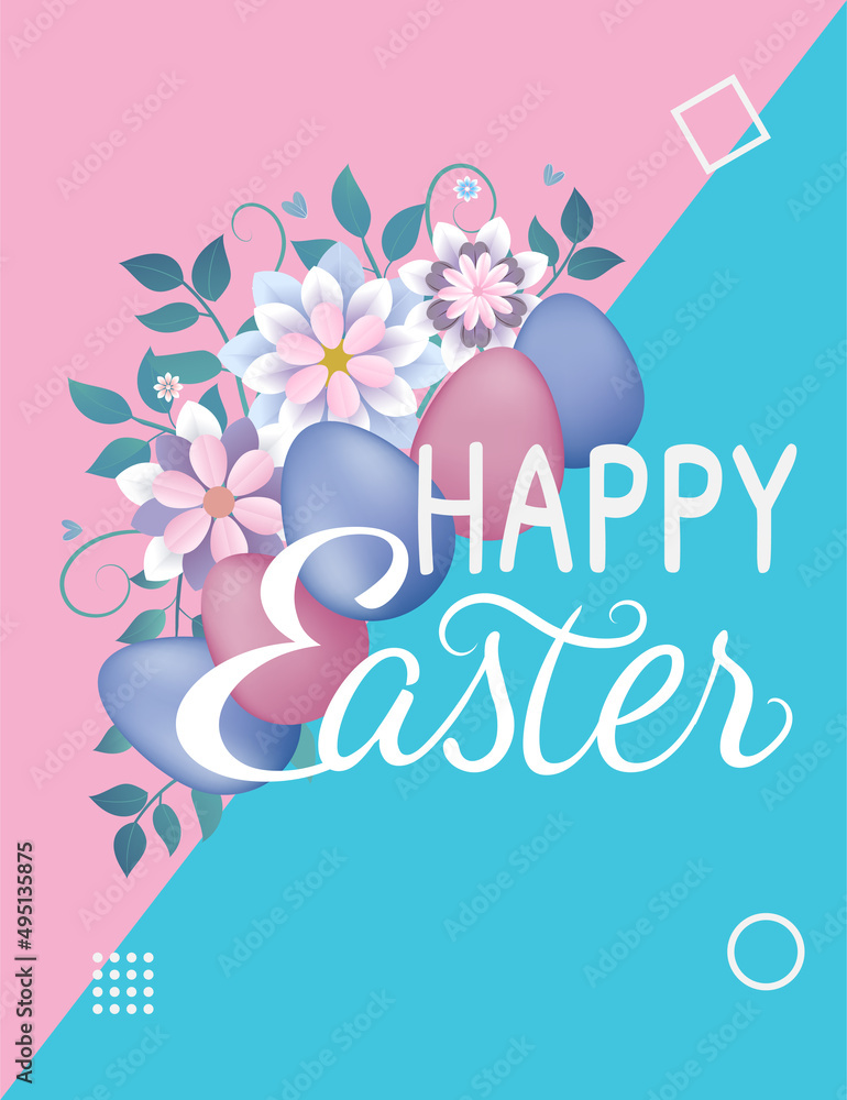 easter eggs, with flowers on colorful background, blue and pink