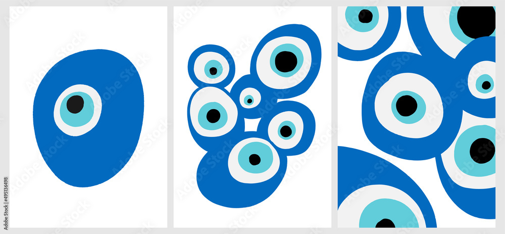 Evil eye poster set with traditional mediterranean good luck and protection amulet, suitable for wall art, card or gift bag print. Evil eye poster set with traditional mediterranean good luck and protection amulet, suitable for wall art, card or gift bag print.