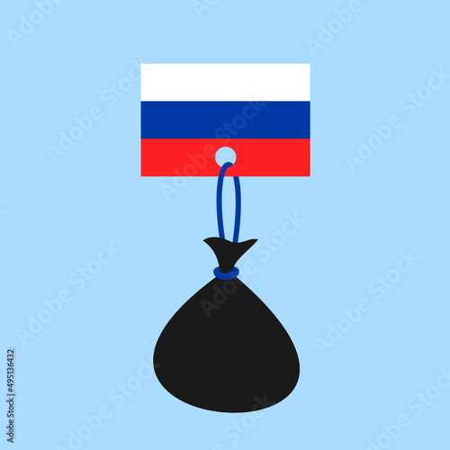 Flag of Russia with heavy burden - metaphor of russian state, country, nation and debt, being indebted. Concept of Government debt, national debt, public debt, and sovereign debt, default. Vector.