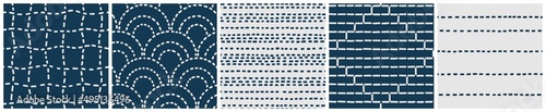Sashiko embroidery seamless pattern set. Seigaiha, waves of sea and coordinating line and grid designs. Vector background collection with traditional Japanese textile decoration stitching technic.