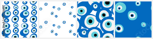 Evil eye seamless pattern set. Traditional mediterranean and west asia symbol of protection styled as repeat background in vivid blue, navy and white colors.