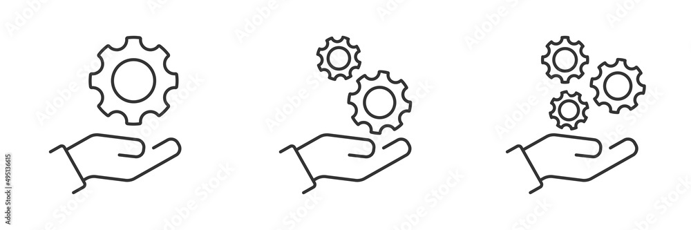 Hand with gear. Installation and support icons. Configure, engineer, industry development system, setting or install update, control service. Vector illustration. Hand with gear. Installation and support icons. Configure, engineer, industry development system, setting or install update, control service. Vector illustration.