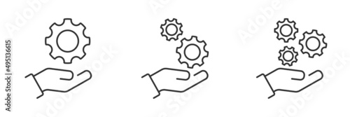 Hand with gear. Installation and support icons. Configure, engineer, industry development system, setting or install update, control service. Vector illustration.