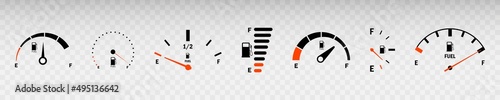 Fuel gauge scale and fuel meter. Fuel indicator. Gas tank gauge. Speedometer, tachometer, indicator icons. Performance measurement. White background. Vector illustration. EPS 10