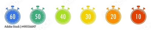 Set of colorful timers. 10, 20, 30, 40, 50, and 60 minutes. Countdown timer icon set. Stopwatch. Clock. Vector illustration.