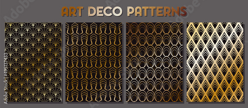 Art Deco Metal Golden Patterns Set. 1920s Vintage Style Ornament Backgrounds