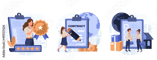 Electronic contract, sales contract terms, standard for quality control, payment terms and conditions, certification abstract metaphor. Business agreement abstract concept vector illustration set. 
