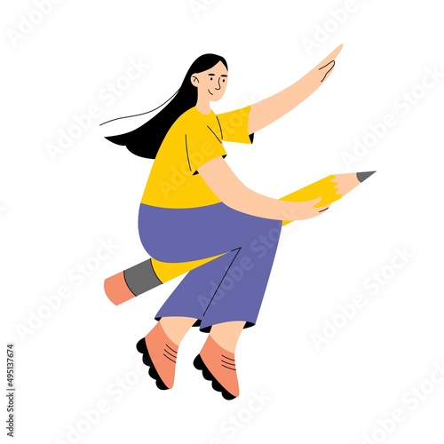 Happy young girl flying on the pencil. Back to school. Concept education in school and university.