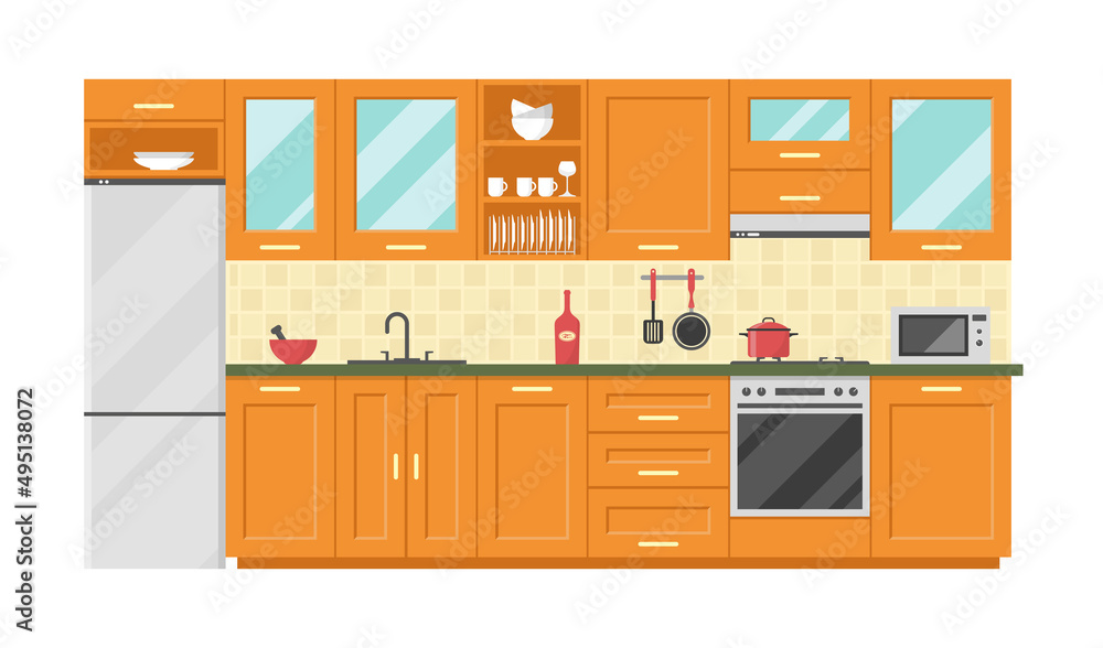 Vector flat illustration, kitchen interior, furniture, food preparation equipment, tableware Vector flat illustration, kitchen interior, furniture, food preparation equipment, tableware