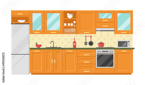 Vector flat illustration, kitchen interior, furniture, food preparation equipment, tableware