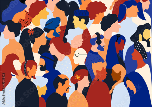 Flat illustration of a crowd containing inclusive and diversified people all together without any difference. photo