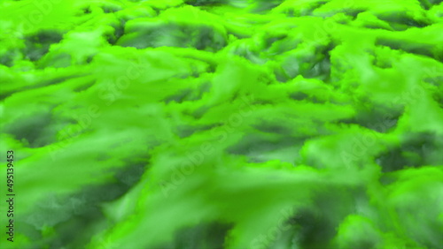 Dynamic foggy flow with wavy gradient 3d render on surface. Futuristic sea with digital tide and sprawling surf. Geometric clouds of coral clusters on water surface.