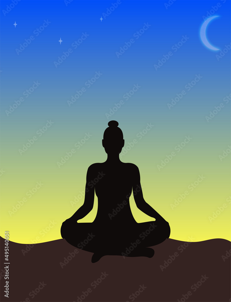 A silhouette of a woman sitting in the lotus position, meditating against sunrise sky. Flat vector illustration