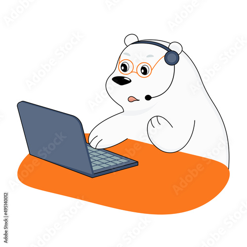White polar bear works hard on laptop in a headset and glasses. Cartoon character. Flat vector illustration