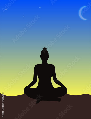 A silhouette of a woman sitting in the lotus position, meditating against sunrise sky. Flat vector illustration