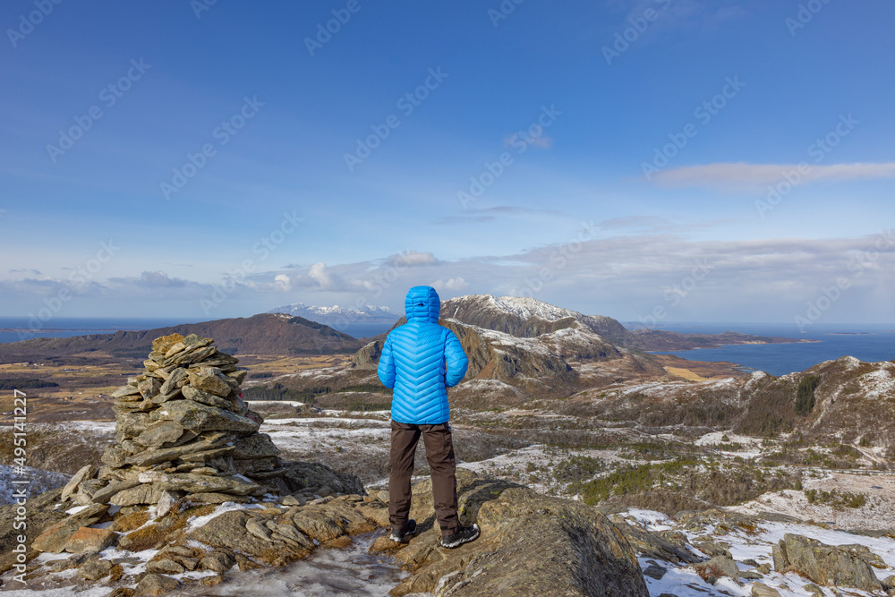 Woman on a mountain hike to the mountain Salbuhatten,Helgeland,Northern Norway,scandinavia,Europe