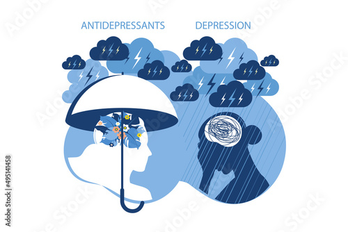 Mental health, antidepressants and depression psychology concept. Two woman different states of consciousness mind - depression and positive mental health mood. Vector illustration. Flat