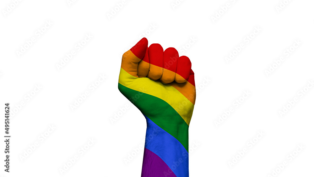 Raised hand clenched into a fist in LGBTQIA+ colors, pround, love and tolerance Raised hand clenched into a fist in LGBTQIA+ colors, pround, love and tolerance
