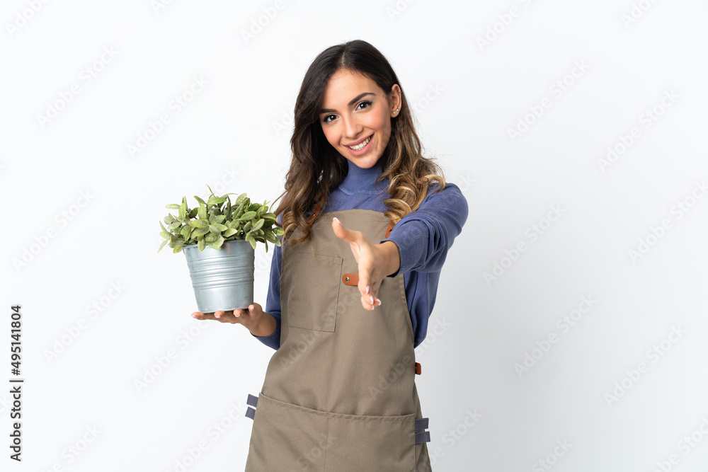 Gardener girl holding a plant isolated on white background shaking hands for closing a good deal Gardener girl holding a plant isolated on white background shaking hands for closing a good deal