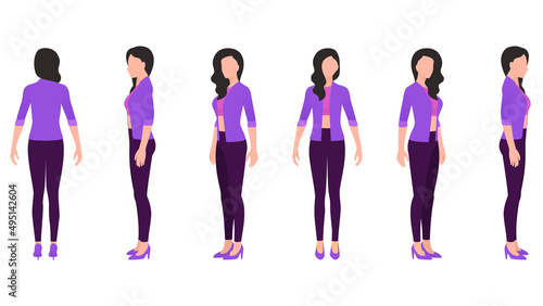 woman in casual avatar, woman in t shirt, jacket and trousers, business character set vector illustration on white background.