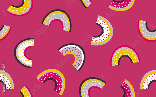 Trendy seamless pattern with colorful rainbow on color background. Design for invitation, poster, card, fabric, textile, fabric. Cute holiday illustration for baby. Doodle style