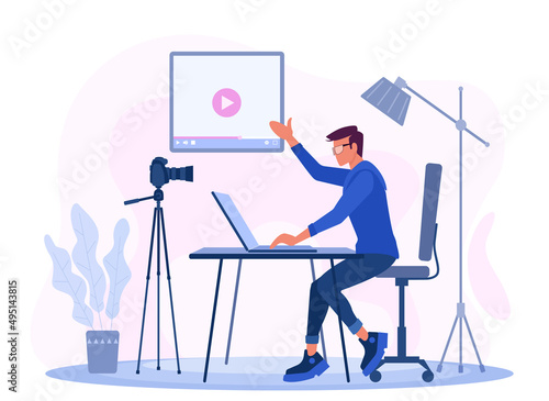 A blogger man sits at a table with a laptop and shoots a video using a camera. A male blogger is broadcasting a webinar online.  Vlog Concept. Shooting Video Clip. Vector illustration in a flat style.