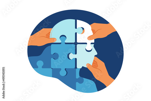 Mental illness and disorder concept. Head profile woman from puzzle pieces . Vector illustration. Flat.
