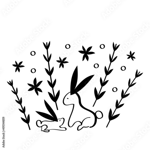 Vector drawn bunnies, leaves, Easter clipart black