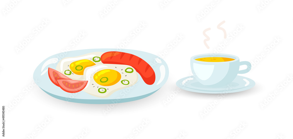 Scrambled eggs with sausage, tomato slices and cup of hot tea. Vector illustration