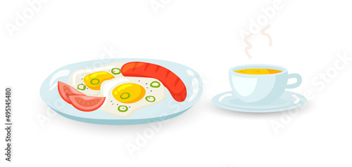 Scrambled eggs with sausage, tomato slices and cup of hot tea. Vector illustration