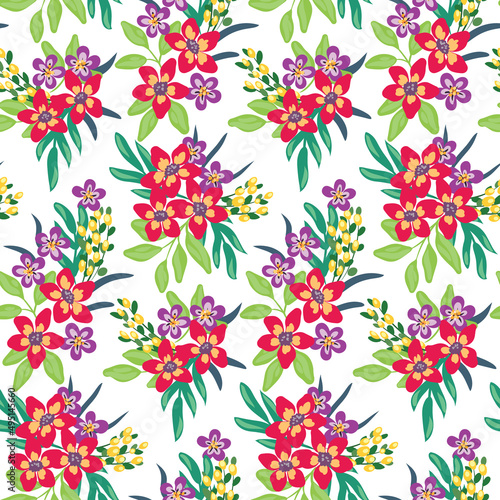 Seamless pattern with simple tropical bouquets. Floral print with bright flowers  leaves on a white background. Botanical cover with painted plants. Vector illustration.