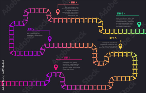Railway track infographic template with 5 steps. Color gradient and stops on track. Pin and text on every station. Travel or bussines roadmap concept.