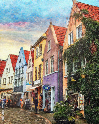 Colorful painting modern artistic artwork  drawing in oil European famous street view  beautiful old vintage house  textured brush strokes  design print for canvas or paper poster  touristic product