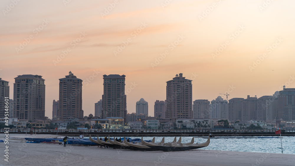 Doha, Qatar - March 03,2022 :Beautiful Katara beach during the early morning with mist in the background. Doha, Qatar - March 03,2022 :Beautiful Katara beach during the early morning with mist in the background.