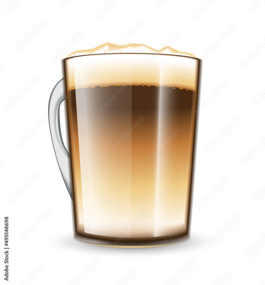 Realistic glossy glass cup full of hot cappuccino or latte. Vector illustration Realistic glossy glass cup full of hot cappuccino or latte. Vector illustration