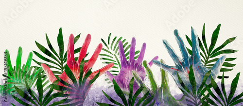 Fotografie Palm sunday background. Hands and palm, watercolor