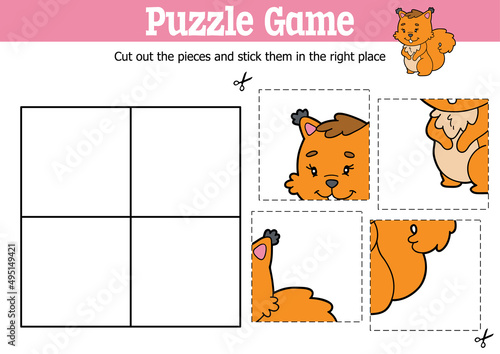 Vector educational kids puzzle game to cut and stick pieces with cartoon squirrel character photo