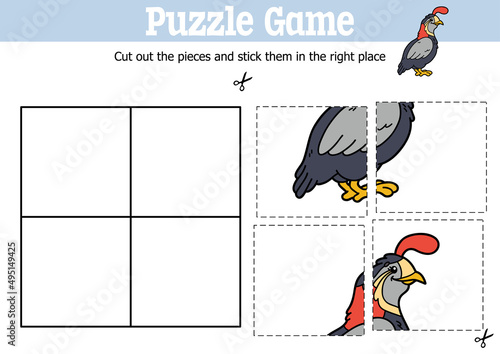 Vector educational kids puzzle game to cut and stick pieces with cartoon quail character