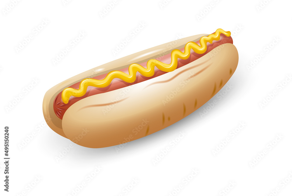 Hot dog isolated on white background. Sausage in soft roll topped with mustard. Vector illustration Hot dog isolated on white background. Sausage in soft roll topped with mustard. Vector illustration