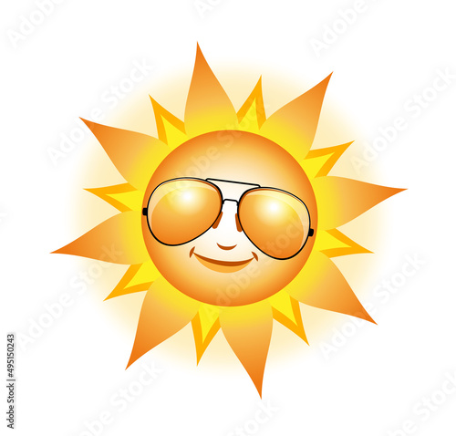 Cheerful, smiling cartoon sun in sunglasses on white background. Vector illustration