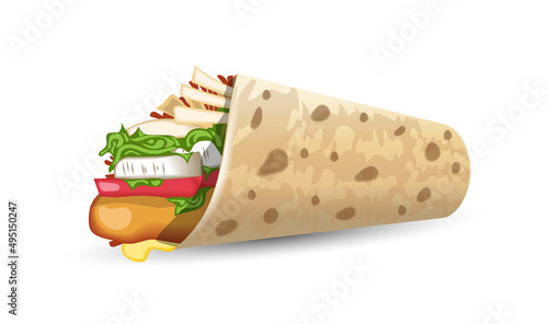 Turkish fast food with meat and vegetables in pita bread. Meal on the grill of shawarma illustration 