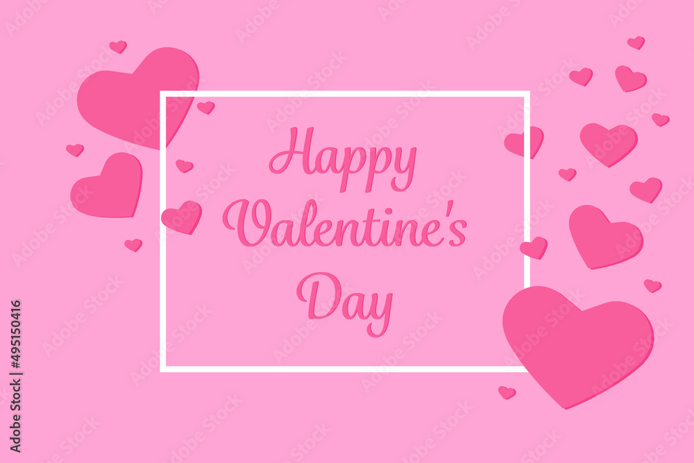 Pink greeting card Happy Valentines Day, white frame and hearts, lettering illustration